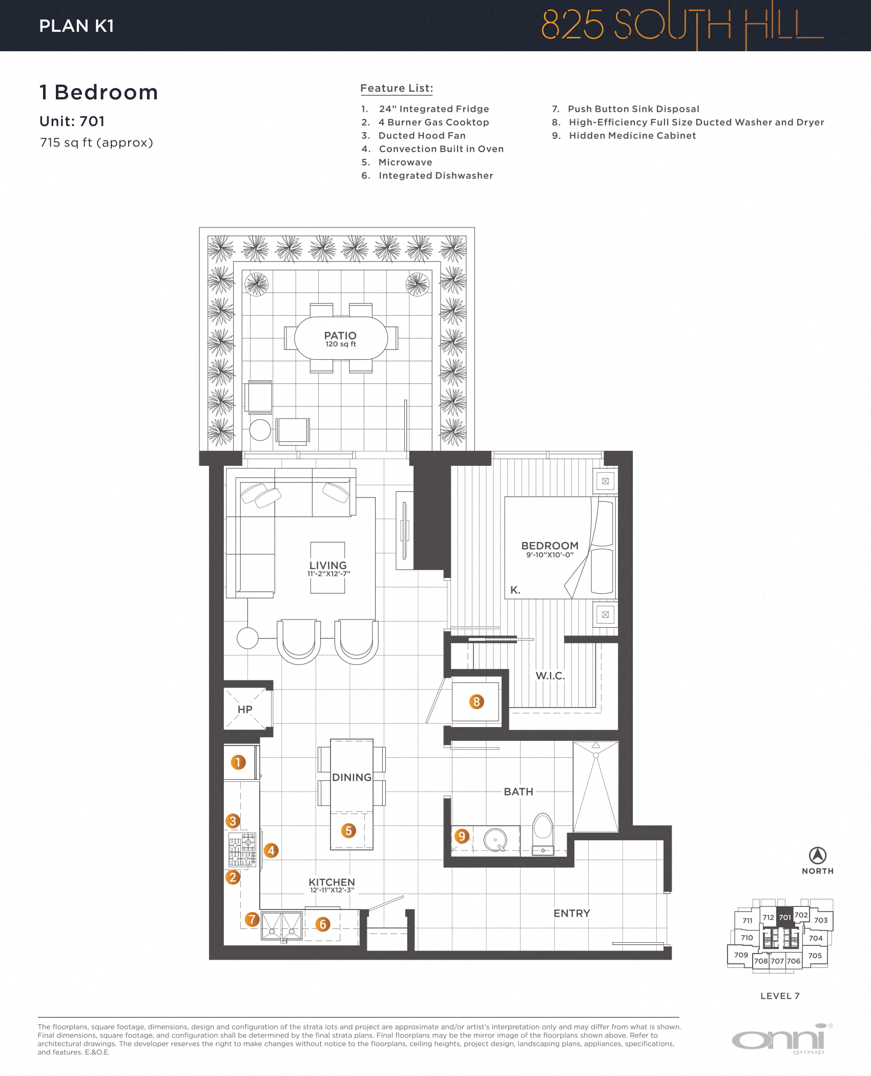 Floor plan for 1 bed, 1 bath, 716 sqft